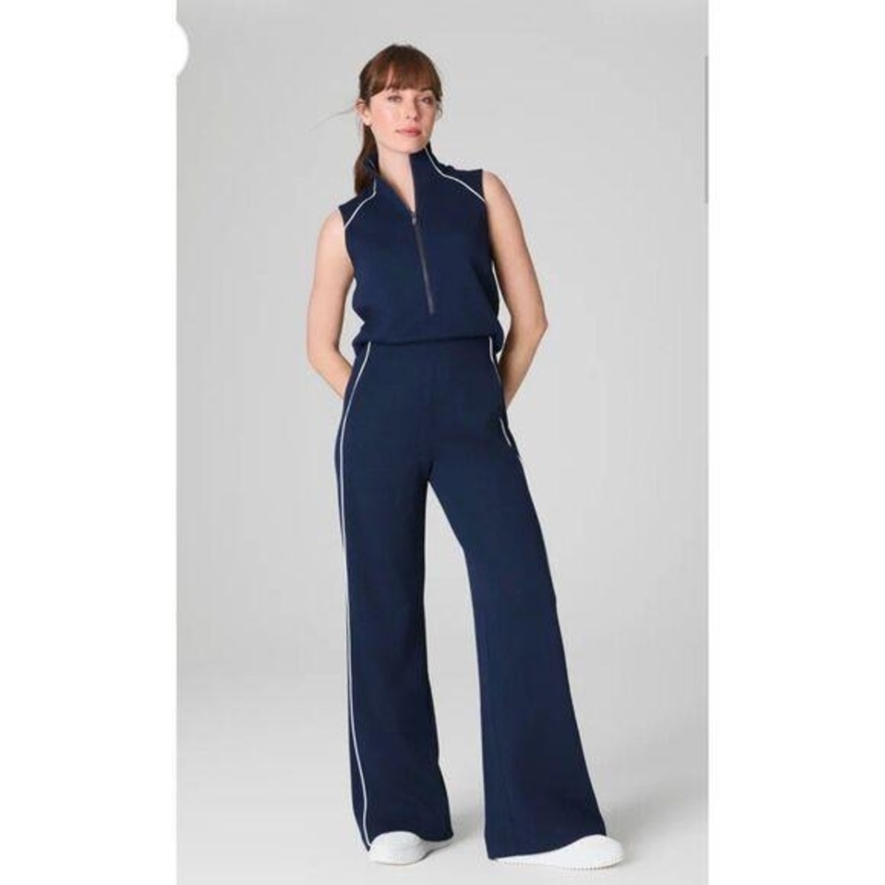 Spanx Jumpsuit AirPique Sleeveless Large Petite Navy Blue Women Athleisure NEW
